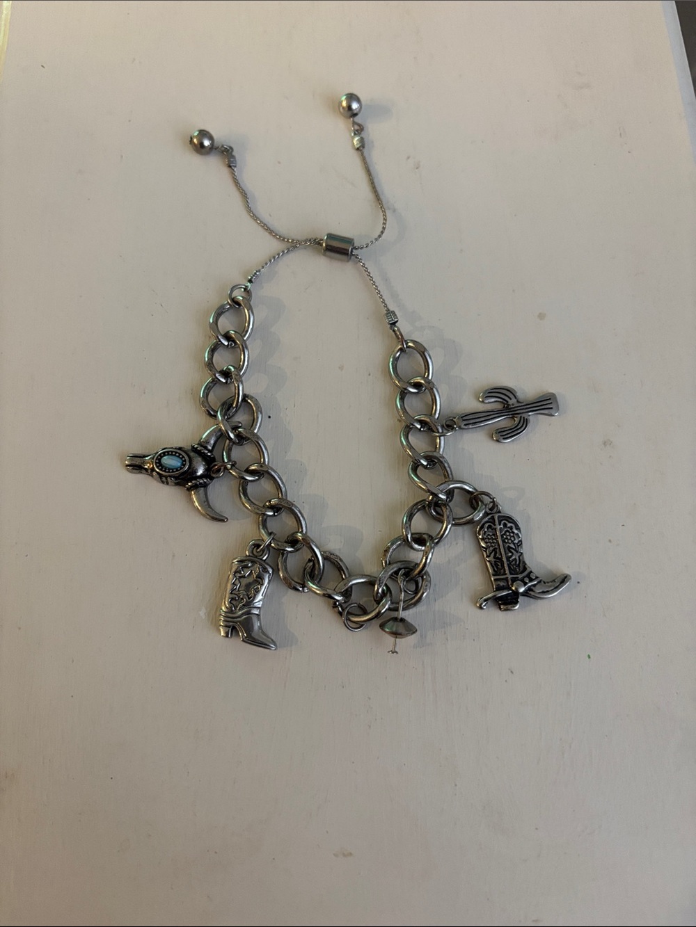 Western Charm Bracelet with Cowboy Boots and Cactus Charm - Silver Tone